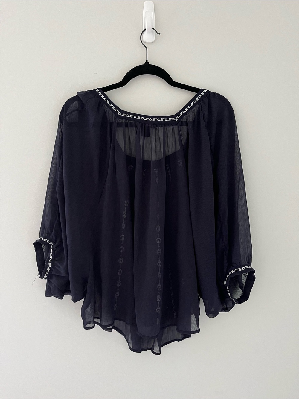 Lucky Brand Navy Sheer Boho Embroidered Top Lightweight and Flowy XS/S - Picture 6 of 10